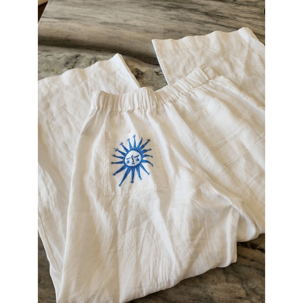 NWOT Johnny Was Acantha White Linen Wide Leg Pants Celestial Sun Embroidery M